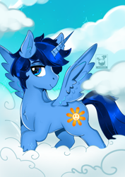 Size: 1240x1754 | Tagged: artist needed, source needed, safe, derpibooru import, oc, oc only, oc:blue thunder, alicorn, cloud, solo