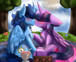 Size: 1035x851 | Tagged: artist needed, source needed, safe, derpibooru import, twilight sparkle, twilight sparkle (alicorn), oc, oc:blue thunder, alicorn, alicorn oc, canon x oc, horn, kiss on the lips, kissing, picnic, shipping, thundersparkle, wings