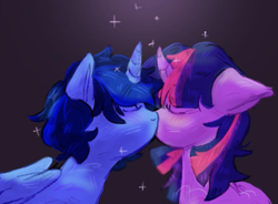 Size: 825x606 | Tagged: artist needed, source needed, safe, derpibooru import, oc, oc:blue thunder, alicorn, alicorn oc, canon x oc, horn, kiss on the lips, kissing, nuzzling, thundersparkle, wings