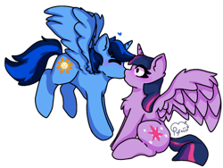 Size: 808x606 | Tagged: artist needed, source needed, safe, derpibooru import, twilight sparkle, twilight sparkle (alicorn), oc, oc:blue thunder, alicorn, alicorn oc, canon x oc, horn, kiss on the lips, kissing, simple background, thundersparkle, transparent background, wings