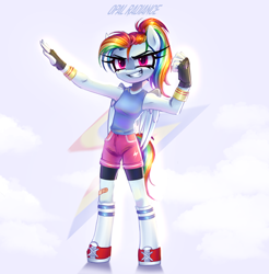 Size: 2800x2840 | Tagged: safe, artist:opal_radiance, derpibooru import, rainbow dash, anthro, pegasus, unguligrade anthro, clothes, eyebrows, folded wings, grin, high res, looking at you, pose, signature, smiling, smiling at you, socks, solo, sports, wings