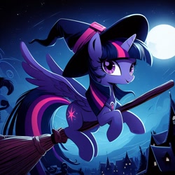 Size: 1024x1024 | Tagged: safe, ai content, derpibooru exclusive, derpibooru import, generator:dall-e 3, machine learning generated, twilight sparkle, twilight sparkle (alicorn), alicorn, pony, broom, female, flying, flying broomstick, full moon, hat, looking at you, mare, moon, night, night sky, prompter:siber, sky, solo, village, witch hat