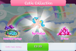 Size: 1267x860 | Tagged: safe, derpibooru import, idw, sprinkles (g1), pegasus, pony, g1, g4, bow, bundle, bush, costs real money, engrish, female, gameloft, gem, idw showified, lilypad, mare, mobile game, my little pony: magic princess, numbers, official, sale, solo, solo focus, tail, tail bow, text, tree, water, wings