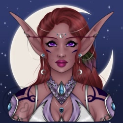 Size: 2048x2048 | Tagged: safe, artist:jemadoodles, derpibooru import, oc, oc only, oc:selune darkeye, elf, body markings, coat markings, ear piercing, earring, elf ears, eyebrows, jewelry, moon, necklace, piercing, redhead, simple background, solo, stars