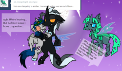 Size: 950x556 | Tagged: safe, artist:lupisvulpes, derpibooru import, oc, oc only, oc:monochromatic heart, oc:slice n' dice, alicorn, changeling, ask, flying, night, outdoors, talking, tumblr