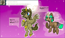 Size: 952x557 | Tagged: safe, artist:lupisvulpes, derpibooru import, oc, oc only, alicorn, unicorn, ask, flying, magic, moon, night, sky, talking, tumblr