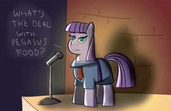 Size: 5100x3300 | Tagged: safe, artist:toonyloo, derpibooru import, maud pie, earth pony, female, joke, microphone, microphone stand, solo, stage, stand-up comedy, standing