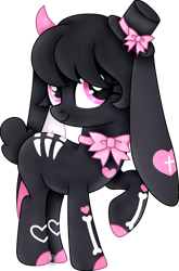 Size: 1173x1773 | Tagged: safe, artist:pure-blue-heart, derpibooru import, black coat, black hair, bone, bunny ears, devil horns, female, hat, heart, horns, mare, neck bow, pink eyes, raised hoof, raised leg, simple background, transparent background, watermark