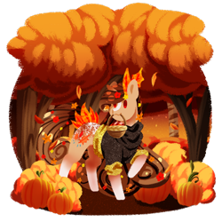 Size: 1920x1920 | Tagged: safe, artist:oneiria-fylakas, derpibooru import, oc, oc only, earth pony, pony, basket, commission, earth pony oc, leaves, mouth hold, pumpkin, simple background, solo, transparent background, tree, ych result