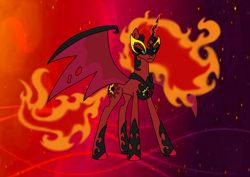 Size: 1414x1000 | Tagged: safe, artist:zetikoopa, derpibooru import, sunset satan, sunset shimmer, alicorn, pony, alicornified, concave belly, corrupted, demon wings, female, helmet, hoof shoes, long legs, mane of fire, mare, nightmare sunset, peytral, princess shoes, race swap, shimmercorn, slim, tall, thin, wings