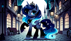 Size: 3584x2048 | Tagged: safe, ai content, derpibooru exclusive, derpibooru import, generator:dall-e 3, machine learning generated, princess luna, alicorn, pony, g4, crown, cute, female, jewelry, looking at you, mare, moon, night, raised hoof, raised leg, regalia, smiling, solo