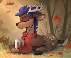 Size: 2310x1890 | Tagged: safe, artist:yakovlev-vad, derpibooru import, oc, oc only, oc:arny, deer, deer pony, original species, peryton, clothes, earbuds, forest, leaves, solo, sweater