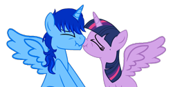 Size: 1688x852 | Tagged: artist needed, source needed, safe, derpibooru import, twilight sparkle, twilight sparkle (alicorn), oc, oc:blue thunder, alicorn, alicorn oc, boop, canon x oc, horn, simple background, thundersparkle, transparent background, wings