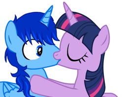 Size: 898x712 | Tagged: artist needed, source needed, safe, derpibooru import, twilight sparkle, twilight sparkle (alicorn), oc, oc:blue thunder, alicorn, canon x oc, kissing, simple background, thundersparkle, white background