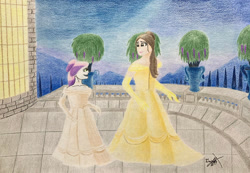 Size: 1280x887 | Tagged: safe, artist:grffxs, derpibooru import, sweetie belle, human, equestria girls, alternate hairstyle, balcony, beauty and the beast, belle, clothes, dress, evening, evening gloves, gloves, gown, long gloves, looking at each other, looking at someone, smiling, smiling at each other