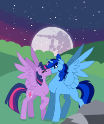 Size: 1514x1809 | Tagged: artist needed, source needed, safe, derpibooru import, twilight sparkle, twilight sparkle (alicorn), oc, oc:blue thunder, alicorn, pony, beanbrows, canon x oc, duo, ear fluff, ears, eyebrows, eyes closed, female, kiss on the lips, kissing, male, male alicorn, male alicorn oc, mare, mare in the moon, moon, night, night sky, raised hoof, raised leg, shipping, sky, spread wings, stallion, standing, starry night, straight, surprise kiss, thundersparkle, wings