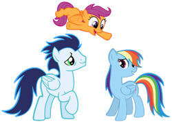 Size: 1013x720 | Tagged: artist needed, source needed, safe, derpibooru import, rainbow dash, scootaloo, soarin', pegasus, pony, female, filly, foal, male, mare, shipping, simple background, soarindash, stallion, straight, transparent background