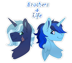 Size: 2918x2553 | Tagged: artist needed, source needed, safe, derpibooru import, oc, oc:blue thunder, alicorn, unicorn, brothers, bust, duo, ear fluff, ears, facial scar, folded wings, horn, looking at each other, looking at someone, male, male alicorn, male alicorn oc, oc name needed, scar, siblings, simple background, smiling, stallion, transparent background, unicorn oc, wings