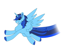 Size: 2978x1963 | Tagged: artist needed, source needed, safe, derpibooru import, oc, oc only, oc:blue thunder, alicorn, colored hooves, ear fluff, ears, eyes closed, flight trail, flying, grin, male, male alicorn, male alicorn oc, simple background, smiling, solo, spread wings, stallion, transparent background, wings