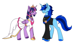 Size: 1964x1210 | Tagged: artist needed, source needed, safe, derpibooru import, twilight sparkle, twilight sparkle (alicorn), oc, oc:blue thunder, alicorn, alternate hairstyle, canon x oc, clothes, colored hooves, crown, dress, ear fluff, ears, female, folded wings, hoof shoes, jewelry, looking at each other, looking at someone, male, mare, marriage, necklace, regalia, sash, simple background, stallipn, straight, thundersparkle, tiara, transparent background, wedding, wedding dress, wedding suit, wingless, wings