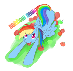 Size: 857x834 | Tagged: safe, artist:mi-star, derpibooru import, rainbow dash, pegasus, pony, apple, food, simple background, solo, sparkly eyes, stretching, transparent background, wingding eyes