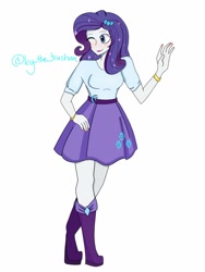 Size: 768x1024 | Tagged: safe, artist:icythetrashcan, derpibooru import, rarity, human, equestria girls, belt, boots, clothes, high heel boots, one eye closed, shirt, shoes, simple background, skirt, solo, white background, wink