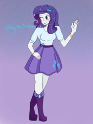 Size: 768x1024 | Tagged: safe, alternate version, artist:icythetrashcan, derpibooru import, rarity, human, equestria girls, belt, boots, clothes, gradient background, high heel boots, one eye closed, purple background, shirt, shoes, simple background, skirt, solo, wink