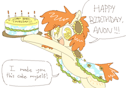 Size: 760x534 | Tagged: safe, anonymous artist, oc, oc only, oc:thursday, earth pony, pony, /mlp/, birthday cake, cake, cloak, cute, dialogue, drawthread, female, flower, flower in hair, happy, happy birthday, mare, png, simple background, smiling, speech bubble, sunflower, text, unusual pupils, weekday ponies, white background