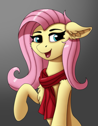 Size: 1467x1900 | Tagged: safe, artist:fess, derpibooru import, fluttershy, pegasus, pony, g4, bust, cheek fluff, chest fluff, clothes, ear fluff, ears, female, floppy ears, gradient background, looking at you, mare, open mouth, open smile, raised hoof, raised leg, scarf, shoulder fluff, smiling, smiling at you, solo, three quarter view, wingless