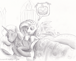 Size: 2692x2161 | Tagged: safe, artist:earthquake87, derpibooru import, fluttershy, nightmare moon, princess luna, bat pony, bat ponified, bedroom, blanket, cute, dialogue box, excited, flutterbat, halloween, happy, holiday, jack-o-lantern, pillow, plushie, pumpkin, race swap, spread wings, squint, traditional art, waking up, wings