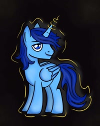 Size: 1280x1600 | Tagged: artist needed, source needed, safe, derpibooru import, oc, oc only, oc:blue thunder, alicorn, pony, alicorn oc, black background, horn, lightning, simple background, solo, wings