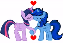 Size: 5481x3758 | Tagged: artist needed, source needed, safe, derpibooru import, twilight sparkle, twilight sparkle (alicorn), oc, oc:blue thunder, alicorn, pony, pony creator, alicorn oc, canon x oc, duo, eyes closed, female, heart, horn, kiss on the lips, kissing, male, simple background, straight, thundersparkle, white background, wings