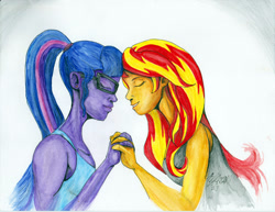 Size: 1056x816 | Tagged: safe, artist:masterdarhil, derpibooru import, sci-twi, sunset shimmer, twilight sparkle, equestria girls, eyes closed, fanfic art, female, holding hands, lesbian, scitwishimmer, shipping, sunsetsparkle, traditional art, watercolor painting