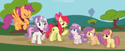 Size: 3648x1508 | Tagged: safe, artist:princessfloriana, derpibooru import, apple bloom, scootaloo, sweetie belle, oc, earth pony, pegasus, pony, unicorn, cutie mark crusaders, eyes closed, female, filly, foal, mare, mother and child, mother and daughter, offspring, older, older apple bloom, older cmc, older scootaloo, older sweetie belle, parent and child, parent:apple bloom, parent:button mash, parent:rumble, parent:scootaloo, parent:sweetie belle, parent:tender taps, parents:rumbloo, parents:sweetiemash, parents:tenderbloom, scootaloo can fly