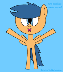 Size: 1190x1360 | Tagged: safe, artist:rainbowteddybear2002, derpibooru import, first base, pegasus, pony, g4, adorabase, arms in the air, bipedal, blue background, blue text, cute, cyan background, dialogue, excited, female, filly, foal, happy, ms paint, open mouth, open smile, pegasus first base, race swap, simple background, smiling, solo, text