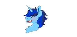 Size: 2484x1198 | Tagged: artist needed, source needed, safe, derpibooru import, oc, oc only, oc:blue thunder, alicorn, pony, alicorn oc, bust, embarrassed, emote, horn, laughing, profile, simple background, solo, transparent background