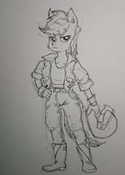 Size: 1490x2084 | Tagged: safe, artist:daisymane, derpibooru import, rainbow dash, anthro, pegasus, boots, clothes, female, grayscale, hand on hip, helmet, jacket, mare, monochrome, shoes, solo, traditional art