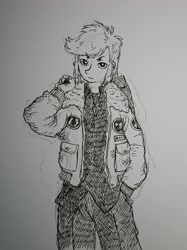 Size: 1688x2262 | Tagged: safe, artist:daisymane, derpibooru import, rainbow dash, human, equestria girls, bomber jacket, clothes, female, grayscale, jacket, looking at you, monochrome, solo, traditional art