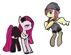 Size: 1000x781 | Tagged: safe, artist:solid shrimp, derpibooru import, fluttershy, pinkie pie, earth pony, pegasus, pony, beanie, clothes, duo, emo, female, flower, flower in hair, goth, hat, mare, pinkamena diane pie, pinktober, simple background, skirt, stockings, thigh highs, white background