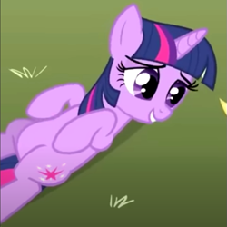 Size: 643x642 | Tagged: safe, derpibooru import, screencap, twilight sparkle, unicorn twilight, unicorn, the super speedy cider squeezy 6000, belly, cropped, lying down, on back, round belly, smiling, solo