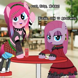 Size: 2048x2048 | Tagged: safe, artist:legendoflink, derpibooru import, pinkie pie, earth pony, pony, bipedal, bipedal leaning, boots, choker, clothes, converse, cup, dress, drink, duality, energy drink, female, goth, implied anon, leaning, looking at you, mare, monster energy, pinkamena diane pie, pinktober, plaid skirt, self paradox, self ponidox, shoes, sitting, skirt, smiling, smiling at you, sneaker boots, socks, spiked choker, striped socks, talking to viewer, teacup, waving, waving at you