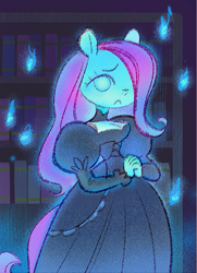 Size: 713x983 | Tagged: safe, artist:shugrcube, derpibooru import, fluttershy, anthro, ghost, pegasus, undead, breasts, cleavage, clothes, female, frown, hair over one eye, hands together, hootershy, mare, puffy sleeves, solo, victorian dress