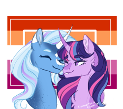 Size: 1800x1600 | Tagged: safe, artist:cinnamoncharm, derpibooru import, trixie, twilight sparkle, pony, unicorn, bust, chest fluff, duo, duo female, eyes closed, female, lesbian, lesbian pride flag, mare, nuzzling, pride, pride flag, shipping, signature, twixie