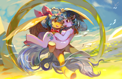 Size: 7000x4500 | Tagged: artist needed, source needed, safe, derpibooru import, oc, oc only, oc:dippy sparkle, oc:zoran, oc:左岸, pegasus, pony, unicorn, bridal carry, carrying, duo, female, holding a pony, lesbian, mare, oc x oc, shipping, windswept mane