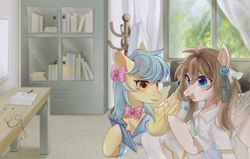 Size: 2598x1653 | Tagged: artist needed, source needed, safe, derpibooru import, oc, oc only, oc:zoran, oc:左岸, pegasus, pony, clipboard, coat rack, stethoscope, window