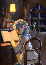 Size: 2500x3500 | Tagged: artist needed, source needed, safe, derpibooru import, oc, oc only, oc:zoran, oc:左岸, anthro, pegasus, pony, book, chair, lamp, moonlight, outdoors, reading, sitting, traditional art, watercolor painting, window