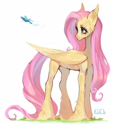 Size: 1929x2160 | Tagged: safe, artist:kncb, artist:кись, derpibooru import, fluttershy, butterfly, pegasus, pony, concave belly, eyelashes, female, folded wings, full body, hoof fluff, lacrimal caruncle, large wings, long legs, long mane, long tail, mare, simple background, slim, solo, tail, thin, white background, wings