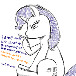 Size: 2000x2000 | Tagged: safe, derpibooru import, rarity, cigarette, dialogue, implied applejack, joke, monochrome, newbie artist training grounds, simple background, sketch, smoking, white background