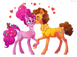 Size: 1427x1062 | Tagged: safe, artist:venik, derpibooru import, cheese sandwich, pinkie pie, earth pony, pony, cheesepie, duo, female, heart, heart eyes, holding hooves, male, mare, older, older cheese sandwich, older pinkie pie, shipping, simple background, stallion, straight, white background, wingding eyes