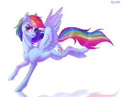 Size: 1517x1212 | Tagged: safe, artist:venik, derpibooru import, rainbow dash, pegasus, female, full body, mare, raised hoof, raised leg, reflection, simple background, solo, spread wings, standing, white background, wings